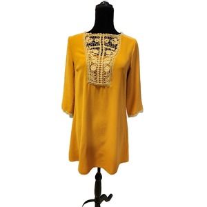Altar'd State Womens Small Shift Dress Mustard Floral Lace 3/4 Sleeve